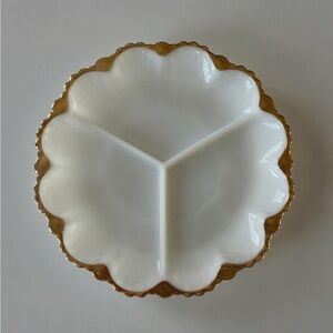 Vintage Milk Glass Divided Serving Plate with gold Trim - Scalloped Edge